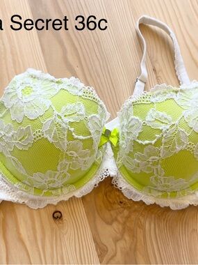 Victoria's Secret Neon Lime and White Lace Underwire Bra - 36C